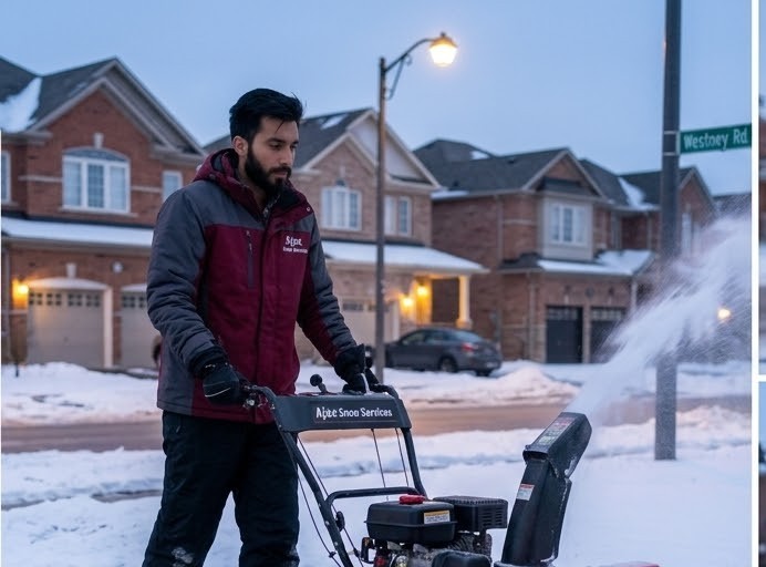 Operator with a two-stage snow blower clearing snow near Westney Road in North Ajax at dawn